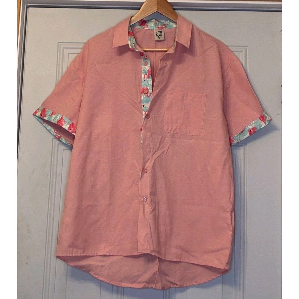 Hardaddy Men's Short Sleeve Flamingo Print Button Up Shirt